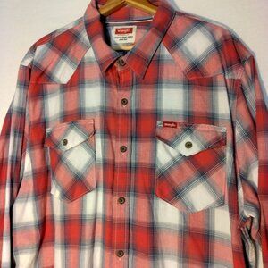 Wrangler Western Shirt Men 2XL Red White Plaid Long Sleeve Button Up Cowboy